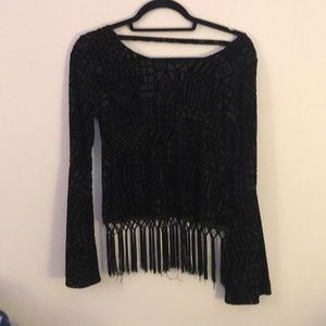 Long Sleeve Velvet Patterned Top with Fringe